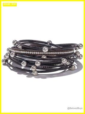 Faux Leather Studded Beaded Double Wrap Bracelet Magnetic Clasp